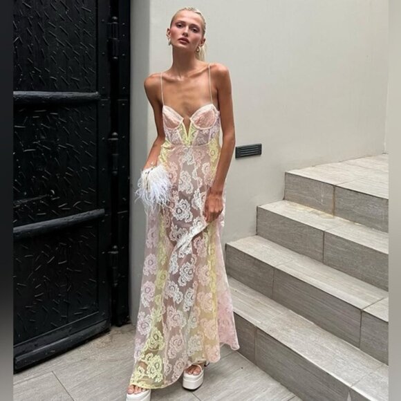 NWT | For Love & Lemons Blossom Ivory Yellow Peach Lace Corset Maxi Dress Medium - Picture 3 of 9